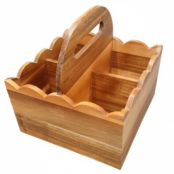 Acacia Wood Scalloped Caddy with Handle - Versatile Tabletop Organizer